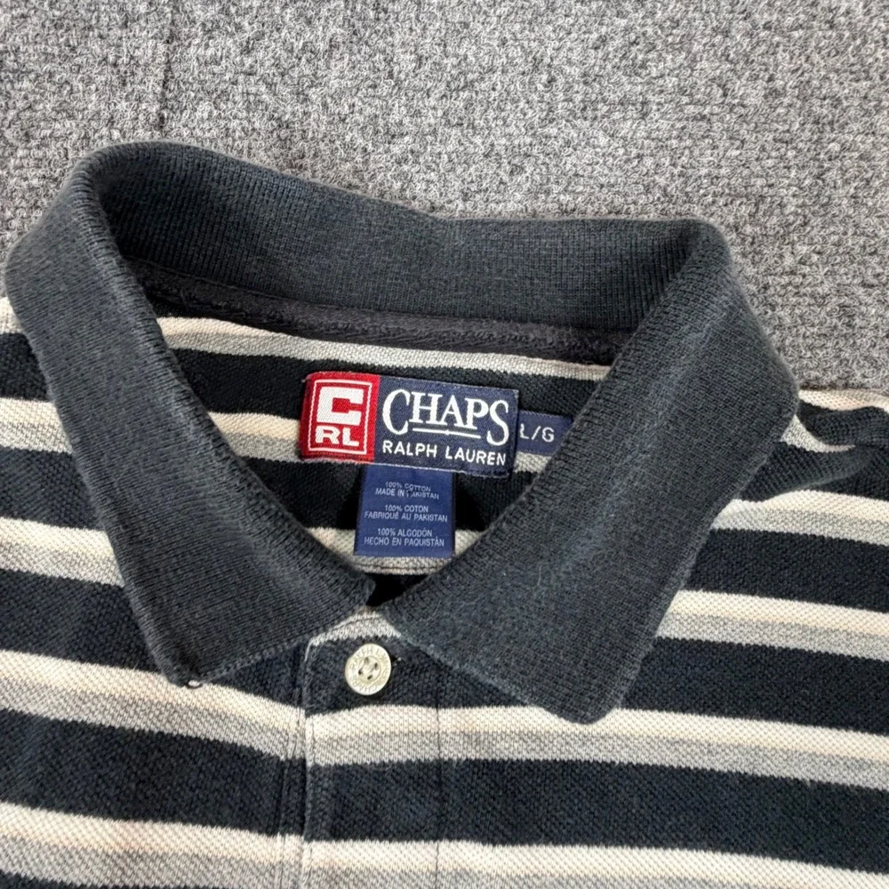 Chaps Ralph Lauren Mens Size L Large Black White Striped Cotton Pique Polo Shirt